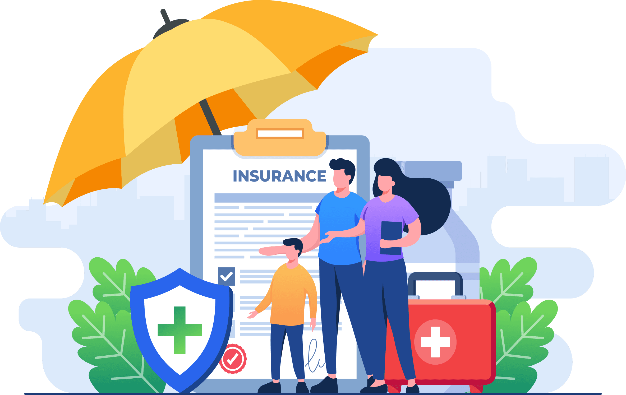 A family standing under an umbrella beside an insurance policy, a shield and a first-aid kit